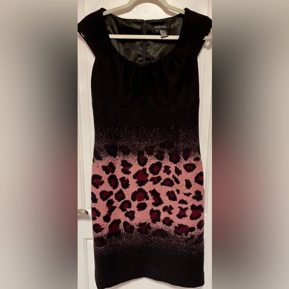 Etcetera Pink Leopard Black Ombré Sheath Dress Wool Blend Career Cocktail Size 6